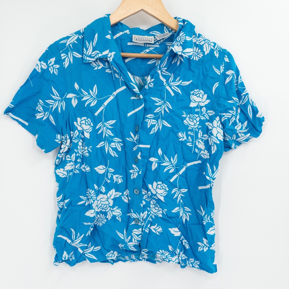 Vintage Hawaiian Shirt Womens Medium Blue Tropical Rayon Camp Resort Granny 90s